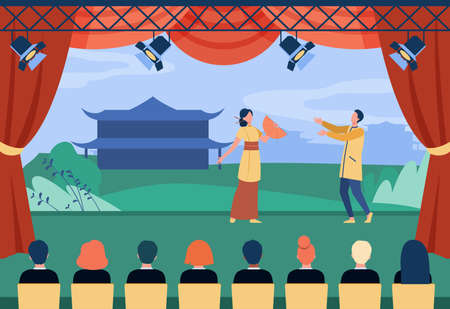 Chinese actors performing theatrical piece on stage. Costume, theater, audience flat vector illustration. Entertainment and art concept for banner, website design or landing web pageのイラスト素材