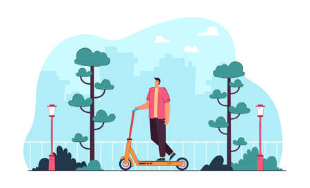 Young man riding scooter in modern city. Flat vector illustration. Happy male cartoon character riding kick scooter in city park after work, on holiday, enjoying nature. Modern city, transport conceptのイラスト素材