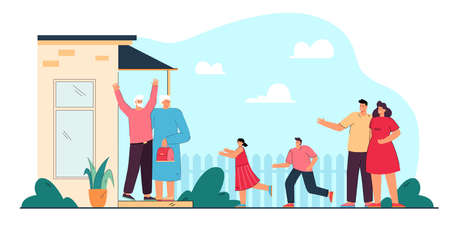 Young parents bringing children to grandparents. Flat vector illustration. Happy grandparents standing on porch, welcoming grandson and granddaughter running towards.のイラスト素材