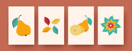 Set of contemporary art posters with pears and leaves. Vector illustration. .Colorful collection of natural elements. Nature, fruit, flower concept for social media, postcards, invitation cards designのイラスト素材