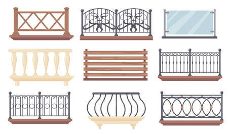 Vintage and modern balcony railings vector illustrations set. Iron, wooden or glass fences with balusters, banisters for terrace isolated on white background. Architecture, exterior design conceptのイラスト素材