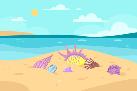 Different colorful seashells on seashore vector illustration. Seashells of various shapes in sand, sea or ocean, sunny weather, blue sky, clouds. Holiday, vacation, summer, traveling conceptのイラスト素材