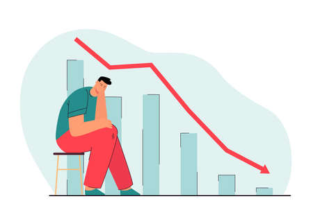 Sad man worrying about financial crisis. Flat vector illustration. Disappointed businessman sitting...