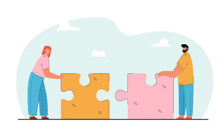 Tiny man and woman putting together giant puzzle. Flat vector illustration. Couple building relationship, holding puzzle pieces fitting together. Love, relationship, romance concept for banner designのイラスト素材