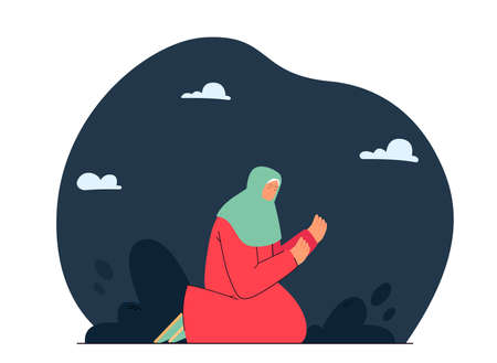 Woman with covered head praying at night. Flat vector illustration. Female character sitting on knees, turning to God, asking for help. Faith, religion, trouble concept for banner design, landing pageのイラスト素材