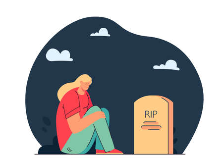Girl mourning loss of loved one. Flat vector illustration. Cartoon woman sitting by gravestone in darkness and crying. Loss, grief, pain, death concept for banner design or landing pageのイラスト素材