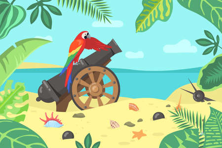 Cartoon exotic parrot sitting on cannon on seashore. Colorful macaw on old military weapon, seashells and cannonballs in sand, plants and leaves flat vector illustration. Pirate, tourism conceptのイラスト素材