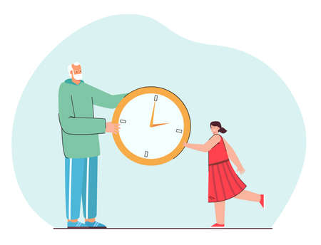 Grandfather and little girl holding giant watch together. Flat vector illustration. Tiny cartoon old...