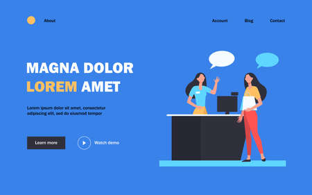 Customer with shopping bag paying for purchase. Cash, register, cashier, woman, talk bubble flat vector illustration. Shopping, payment concept for banner, website design or landing web pageのイラスト素材