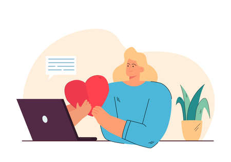 Woman looking for love online vector illustration. Young woman receiving love text message on laptop with heart. Human emotions. Digital dating concept for banner, website design or landing web pageのイラスト素材