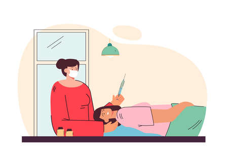 Doctor giving injection to woman. Vaccination of population. Female doctor giving shot of medicine to patient. Syringe with medicine. Medical concept for banner, website design or landing web pageのイラスト素材