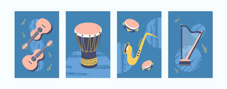 Set of musical instruments illustrations in pastel style. Collection of creative art posters in...