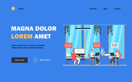 Hotline operators consulting clients flat vector illustration. Cartoon call center managers working in office. Customer support service and online calling line conceptのイラスト素材