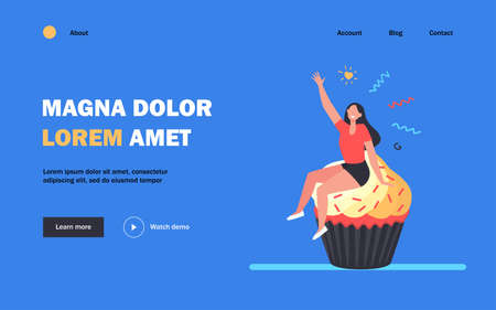 Happy woman enjoying dessert. Cheerful girl sitting on cupcake flat vector illustration. Bakery, pastry, food concept for banner, website design or landing web pageのイラスト素材