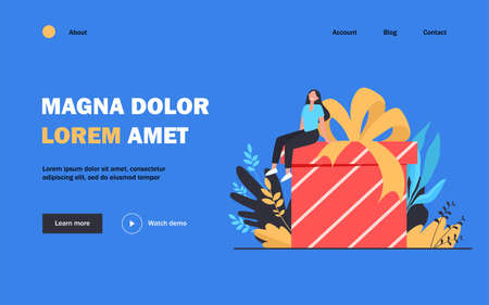 Happy woman receiving gift. Tiny cartoon character sitting on huge present box with bow flat vector illustration. Birthday, surprise, Christmas concept for banner, website design or landing web pageのイラスト素材