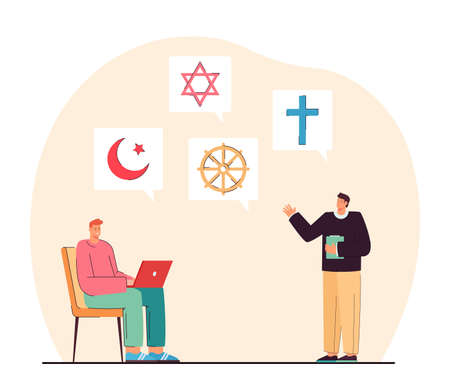 Teacher explaining material about different religious symbols. Student learning information about Islam, Christianity, Buddhism and Judaism at school. Religion, education, study concept.のイラスト素材