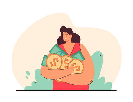 Happy woman holding coins and banknotes in hands. Cartoon female person on pink background flat vector illustration. Money, wealth, finance for banner, website design or landing web page.のイラスト素材