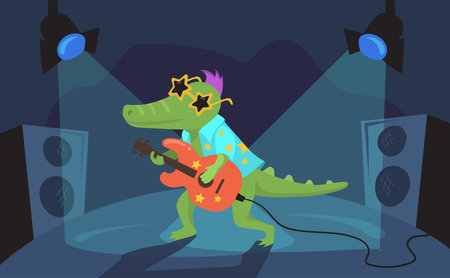 Crocodile playing guitar illustration in cartoon style. Cool alligator in star-shaped glasses in blue shirt playing rock music at concert. Entertainment, live music concept for website or landing pageのイラスト素材