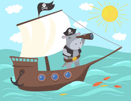 Pirate hippopotamus using binoculars illustration. Cute cartoon animal standing on ship looking ahead. Sun shining, sea still, fish swimming around. Travelling, childing, pirating conceptのイラスト素材