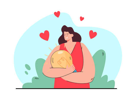 Happy woman holding light bulb with both hands. Flat vector illustration of girl having great idea about romantic relationship. Hearts in background. Love, solution concept.のイラスト素材