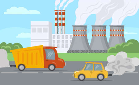 Industrial landscape illustration. Chimney polluting air with toxic smoke. Cars driving past city factory blowing out exhaust. Industrial, environment pollution concept for website, landing pageのイラスト素材