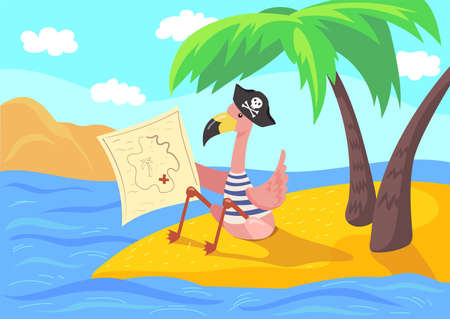 Pirate flamingo on island cartoon illustration. Pink bird in black hat sitting on sand, looking at treasure map with red cross. Palms and ocean in background. Treasure hunting, pirates conceptのイラスト素材