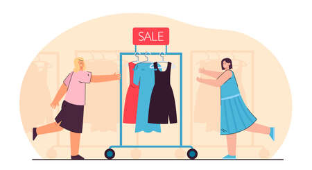 Salesgirls pushing clothes rail with dresses. Sale of gowns flat vector illustration. Clothes racks in background. Selling, shop assistant concept for banner, website design or landing web page.のイラスト素材