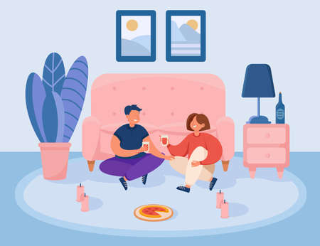 People celebrating birthday online flat vector illustration. Happy friends having video call during quarantine, drinking wine through computer windows. Party, pandemic, online conference concept.のイラスト素材