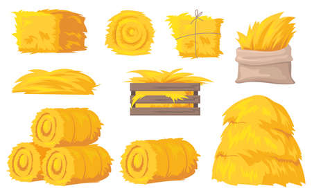 Bales and stacks of hay vector illustrations set. Flat yellow haystacks, round bales of wheat straw for feeding farm animals isolated on white background. Farming, agriculture, countryside conceptのイラスト素材