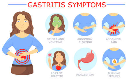 Woman with gastritis vector illustrations set. Digestive system disease symptoms, vomiting and nausea, stomach pain, indigestion isolated on white background. Gastritis, medicine, health conceptのイラスト素材