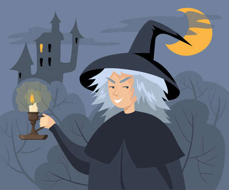 Evil cartoon witch holding candlestick vector illustration. Old woman in hat with burning candle in vintage Victorian holder, scary castle at night in background.のイラスト素材