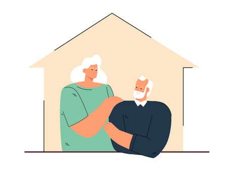 Elderly couple at home vector illustration. White-headed man and woman together, looking at each other with love and care.のイラスト素材