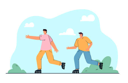 Male friends roller skating together flat vector illustration. Young people spending time outdoors.のイラスト素材