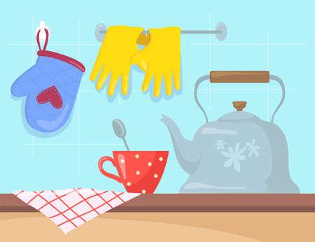 Kitchen utensils on counter cartoon vector illustration. Kettle, cup with teaspoon, tablecloth, oven mitt and rubber gloves hanging on wall. Kitchen tools, household conceptのイラスト素材