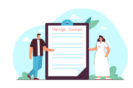 Groom and bride standing next to folder with marriage contract. Tiny wife and husband signing prenuptial agreement flat vector illustration. Convention, wedding, family conceptのイラスト素材