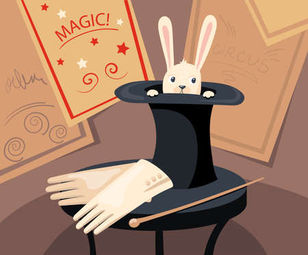 Cute rabbit character hiding in top hat vector illustration. Headwear with wild animal, gloves and wand on table, posters or invitation cards in background. Circus, magic conceptのイラスト素材