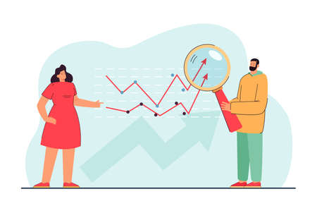 People examining sales or financial statistics. Analytic looking at growth curve through magnifier flat vector illustration. Data analysis, achievement concept for website design or landing web pageのイラスト素材