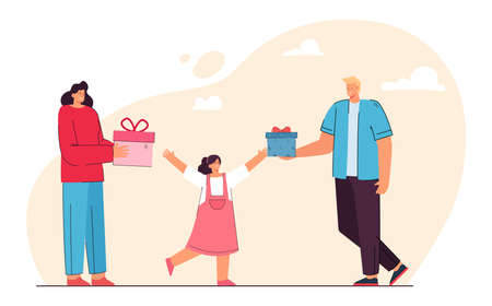 Parent giving presents to daughter. Mother and father offering colorful boxes to little girl. Child cheering. Gift, care, birthday concept for banner, website design or landing web pageのイラスト素材