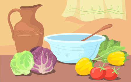 Ingredients for salad and bowl on table cartoon illustration. Vintage jug, various vegetables for dish, red cabbage, romaine lettuce, spinach, yellow pepper, tomatoes.のイラスト素材
