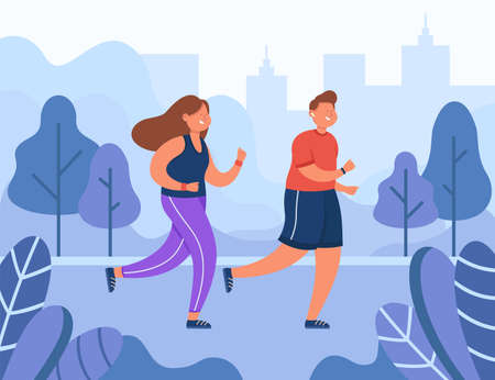 Happy couple running in park in summer morning. Man and woman jogging together.のイラスト素材