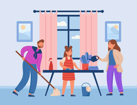 Family doing chores vector illustration. Happy smiling mother, father and daughter keeping apartment or flat clean together. Housekeeping concept for website design or landing pageのイラスト素材