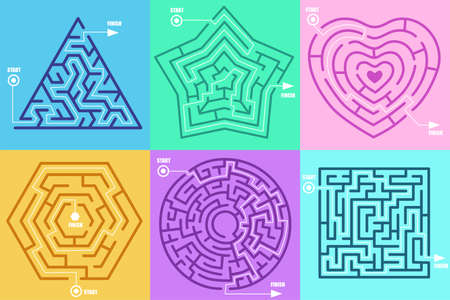 Maze games in form of different figures vector illustration set. Circle, heart, square, star,...