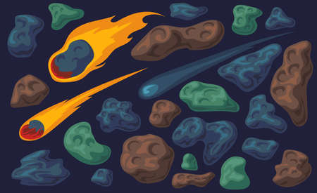 Falling fireball, different space stones vector illustration set. Asteroids, meteorites, meteoroids, meteors, moon craters cartoon collection.のイラスト素材