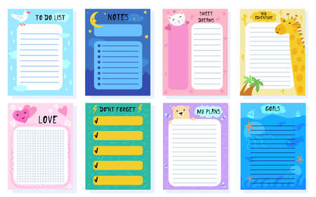 Cute baby planners vector illustration set. To do list for week, birthday invitation, calendar, sheet for memos with pretty animals for organized diary.のイラスト素材