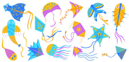 Colorful flying kites cartoon illustration collection. Different types of toy kites in wind in form of squid, butterfly, star. Festival, kids games, summer conceptのイラスト素材