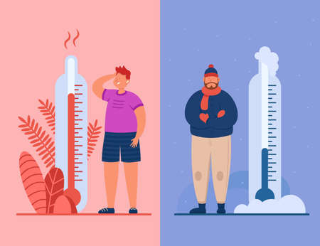 Men in heat and cold weather flat vector illustration. Male people in extreme hot and freeze. Characters in summer and winter clothes. High and low temperature, meteorology thermometer conceptのイラスト素材