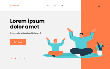 Cartoon father and son meditating. Flat vector illustration. Man and little boy doing yoga, sitting in lotus pose. Sport, healthy lifestyle, yoga, meditation, family concept for banner designのイラスト素材