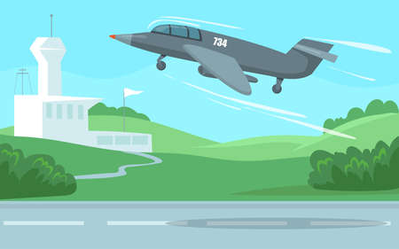 Military plane taking off. Cartoon vector illustration. Gray aircraft taking off over runway, gaining altitude and speed. Aircraft, aviation, transport, war, technology concept for banner designのイラスト素材