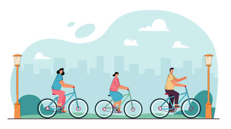 Family riding bicycles in city park flat vector illustration. Young people walking in fresh air, spending time together. Vacation, cycle, healthy lifestyle conceptのイラスト素材