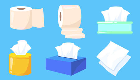 Set of tissue and toilet paper rolls cartoon vector illustration. Colorful boxes of wet wipes, towels for kitchen or bathroom. Hygiene, toiletries, sanitary concept for banner design, landing pageのイラスト素材
